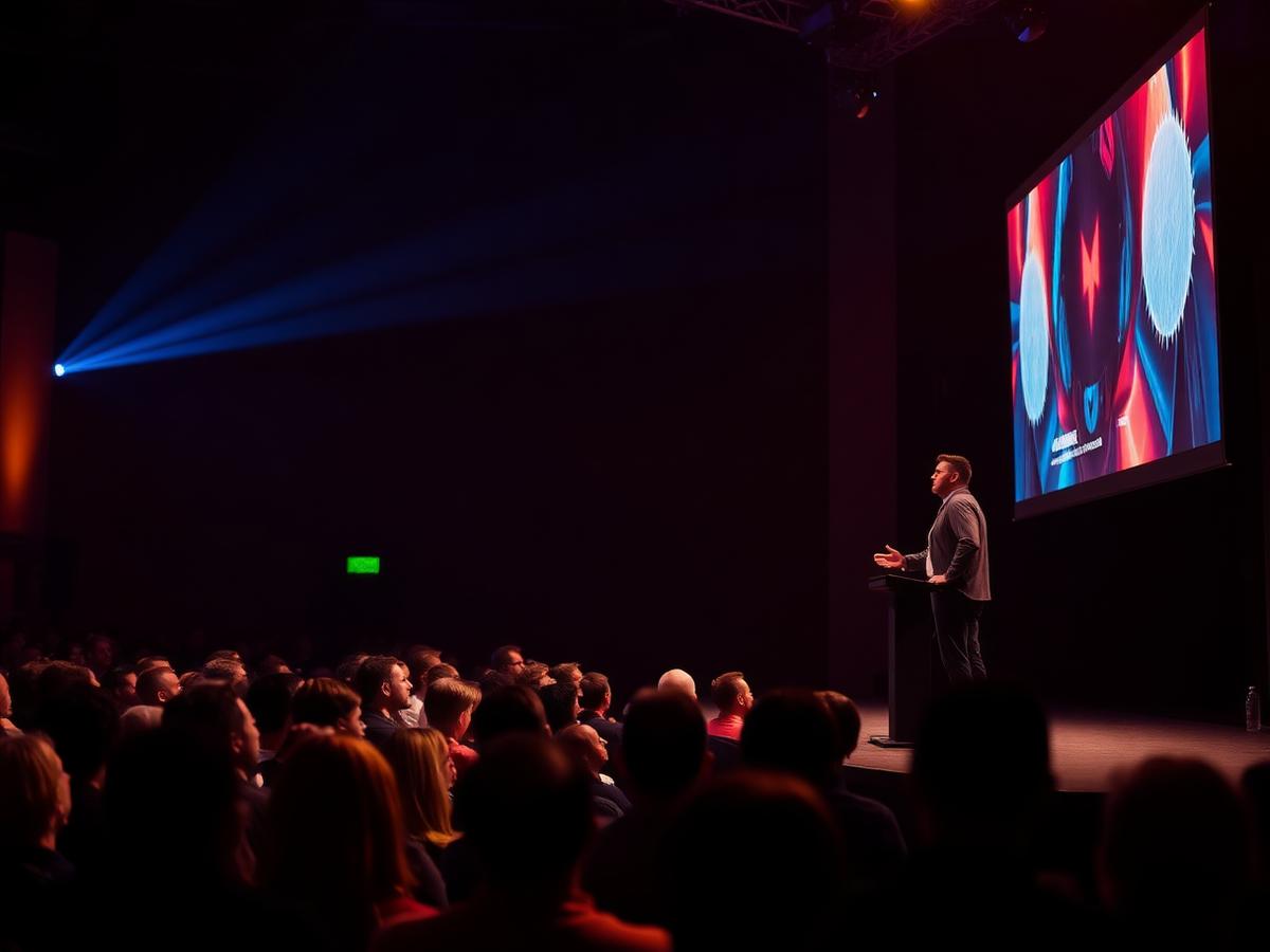 Palestrante no palco do evento